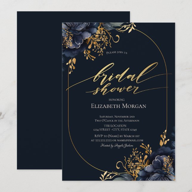Elegantes Navy Blue Flowers Brautparty Einladung (Vorne/Hinten)