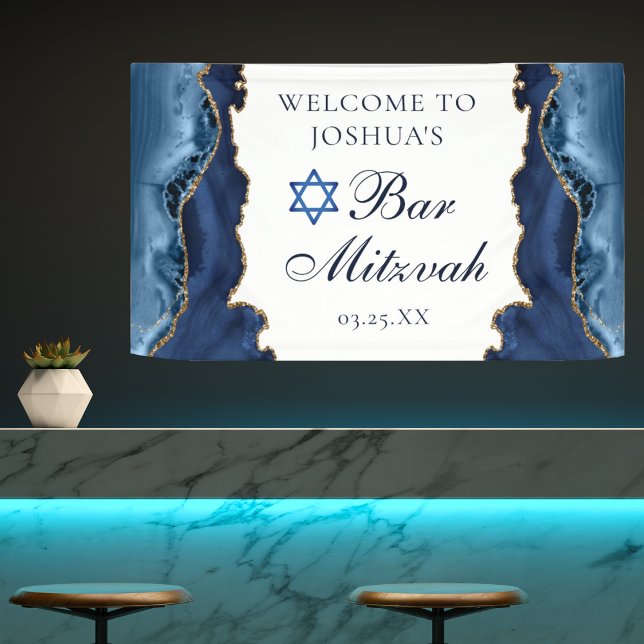 Elegantes Navy Blue Gold Agate Bar Mitzvah Party Banner (Von Creator hochgeladen)