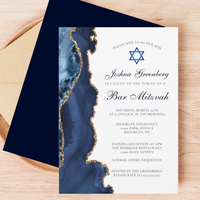 Elegantes Navy Blue Gold Agate Bar Mitzvah Party Einladung (Von Creator hochgeladen)