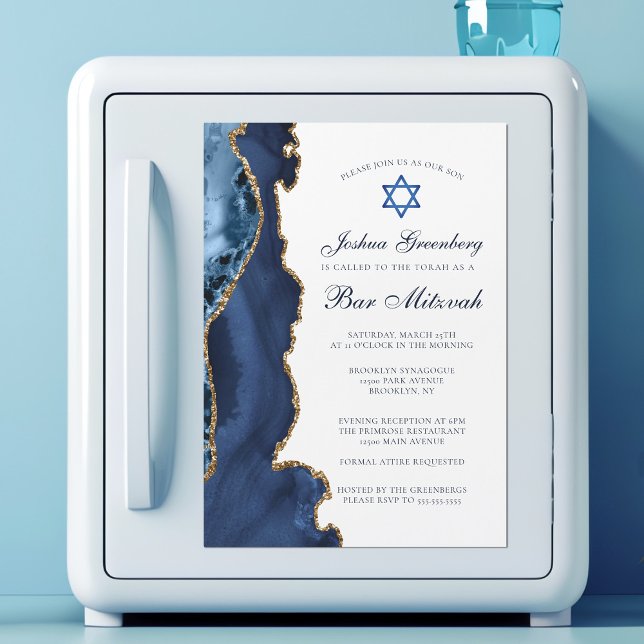 Elegantes Navy Blue Gold Agate Bar Mitzvah Party Magneteinladung (Von Creator hochgeladen)