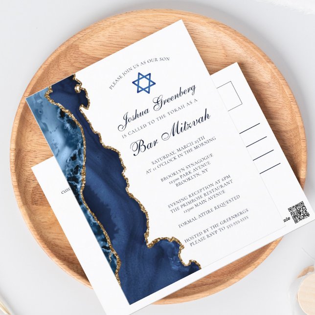 Elegantes Navy Blue Gold Agate Bar Mitzvah Party Postkarte (Von Creator hochgeladen)