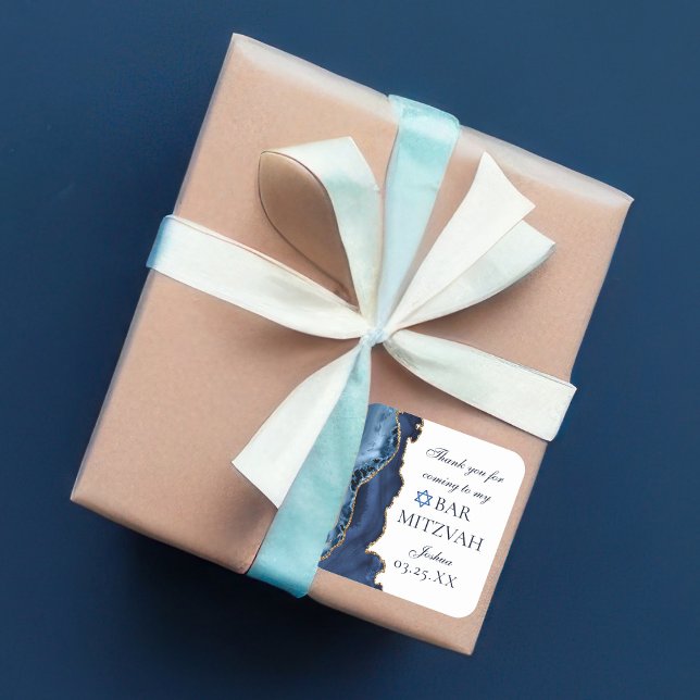 Elegantes Navy Blue Gold Agate Bar Mitzvah Party Quadratischer Aufkleber (Von Creator hochgeladen)