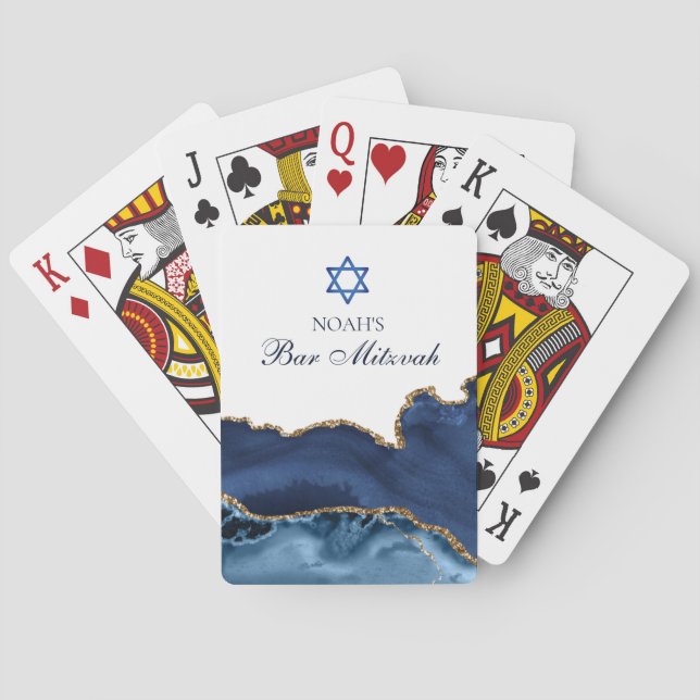 Elegantes Navy Blue Gold Agate Bar Mitzvah Party Spielkarten (Rückseite)