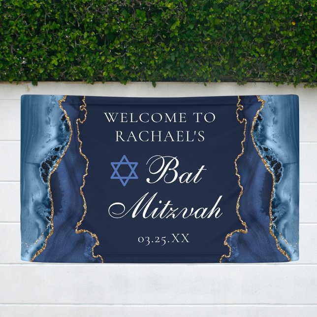 Elegantes Navy Blue Gold Agate Bat Mitzvah Party Banner (Von Creator hochgeladen)