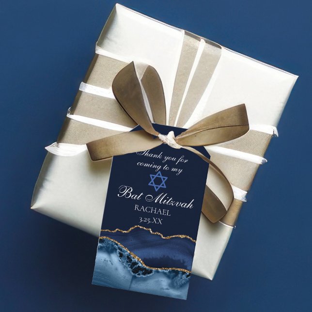 Elegantes Navy Blue Gold Agate Bat Mitzvah Party Geschenkanhänger (Von Creator hochgeladen)