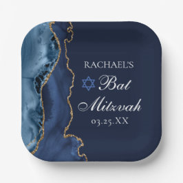 Elegantes Navy Blue Gold Agate Bat Mitzvah Party Pappteller