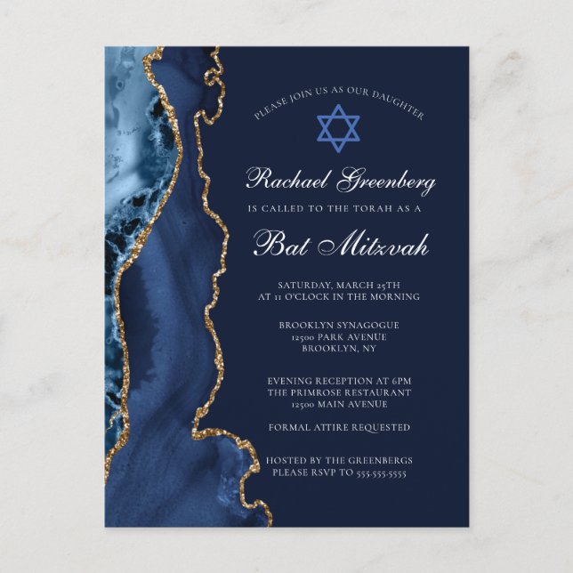 Elegantes Navy Blue Gold Agate Bat Mitzvah Party Postkarte (Vorderseite)