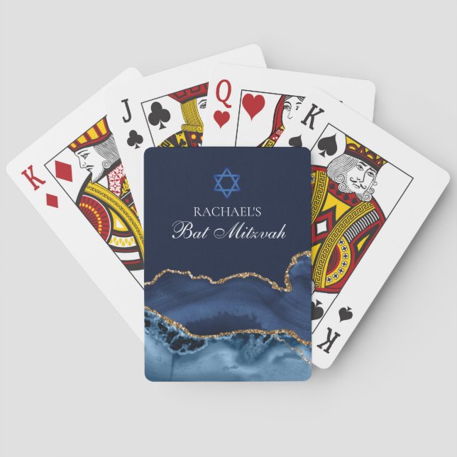 Elegantes Navy Blue Gold Agate Bat Mitzvah Party Spielkarten (Rückseite)