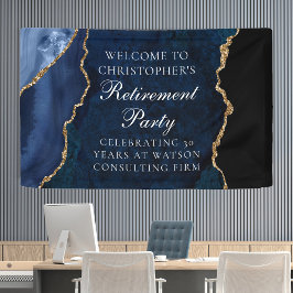 Elegantes Navy Blue Gold Agate Retirement Party Banner