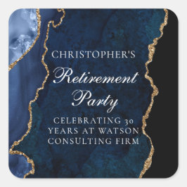 Elegantes Navy Blue Gold Agate Retirement Party Quadratischer Aufkleber