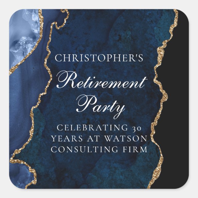 Elegantes Navy Blue Gold Agate Retirement Party Quadratischer Aufkleber (Vorderseite)