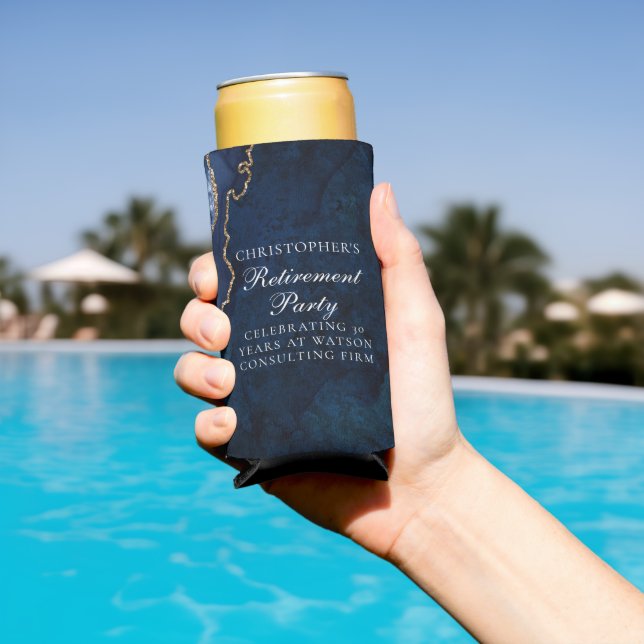Elegantes Navy Blue Gold Agate Retirement Party Selters Dosenkühler (In Situ Pool)