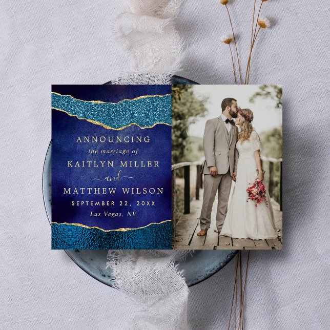 Elegantes Navy Blue & Gold Agate Wedding Foto Ankündigung (Von Creator hochgeladen)