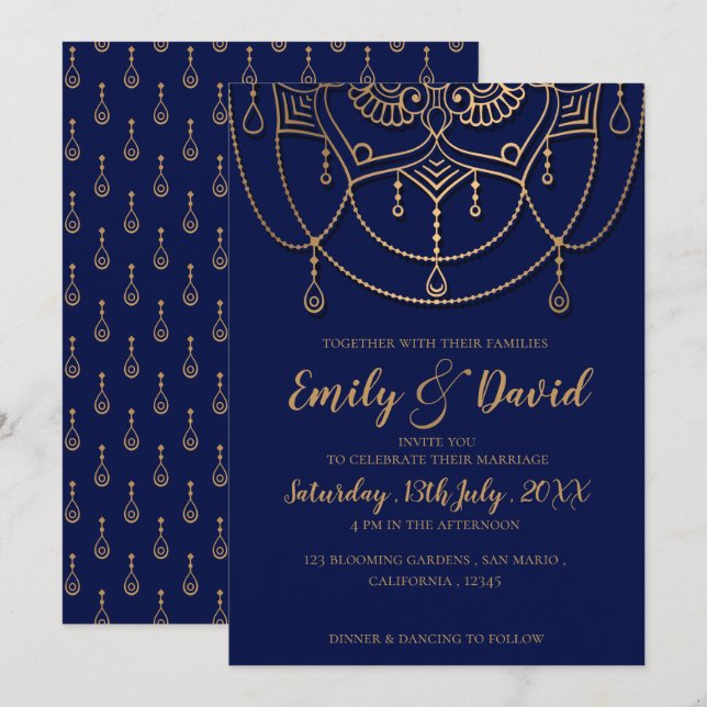 Elegantes Navy Blue Gold Design Muster Hochzeit Einladung (Vorne/Hinten)
