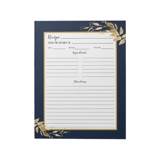 Elegantes Navy Blue Gold Foliage Recipe Notepad Notizblock (Rotiert)