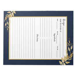 Elegantes Navy Blue Gold Foliage Recipe Notepad Notizblock