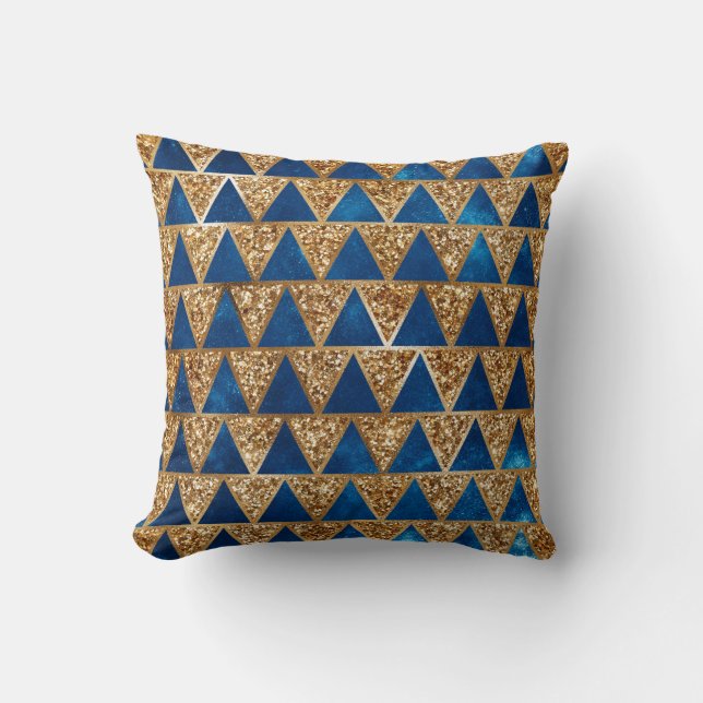 Elegantes Navy Blue Gold Glitzer Triangle Muster Kissen (Vorderseite)
