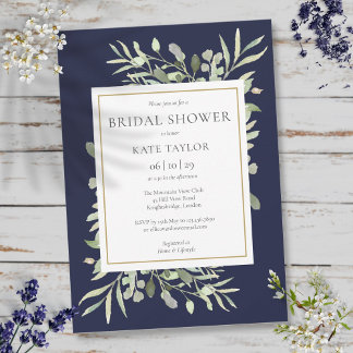 Elegantes Navy Blue Gold Greenery Brautparty Einladung