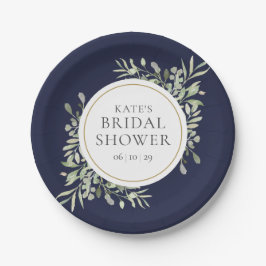 Elegantes Navy Blue Gold Greenery Brautparty Pappteller