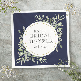 Elegantes Navy Blue Gold Greenery Brautparty Serviette