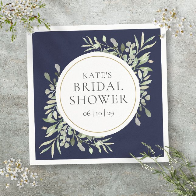 Elegantes Navy Blue Gold Greenery Brautparty Serviette (Elegant Navy Blue Gold Greenery Bridal Shower Napkins)