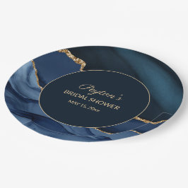 Elegantes Navy Blue Gold Marmor Brautparty Pappteller