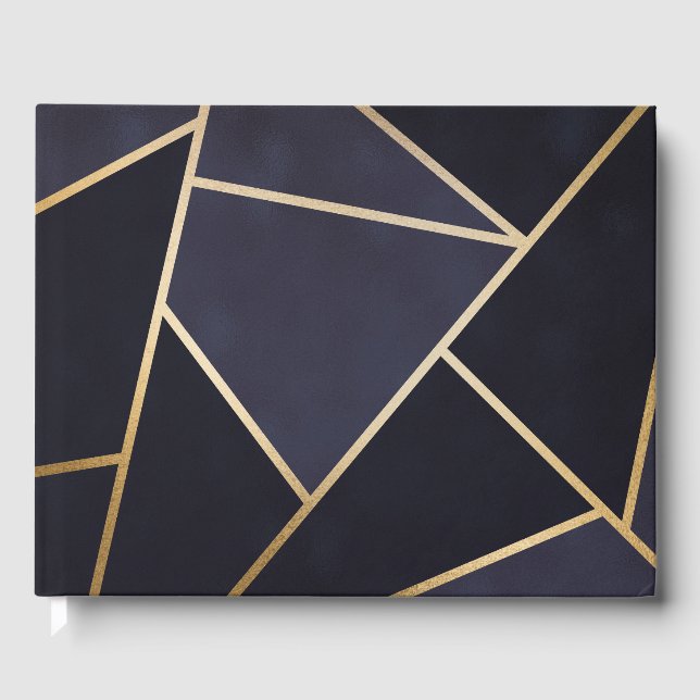 Elegantes Navy Blue Gold Metallic Geometric Muster Gästebuch (Vorderseite)