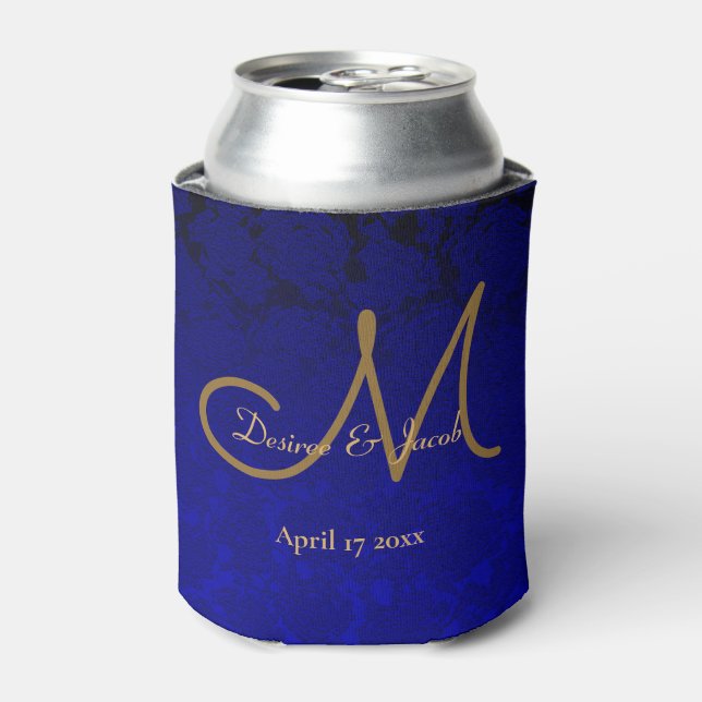 Elegantes Navy Blue Gold Modernes Blumenmonogramm Dosenkühler (Kanne Vorderseite)