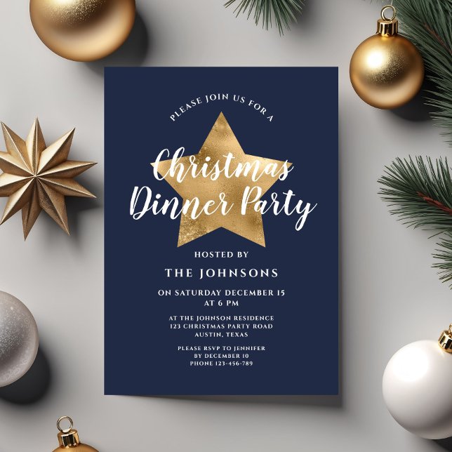 Elegantes Navy Blue Gold Star Weihnachtsabend Part Einladung (Elegant Navy Blue Gold Star Christmas Dinner Party Invitation)