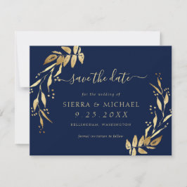 Elegantes Navy Blue Golden Foliage Save the Date Einladung