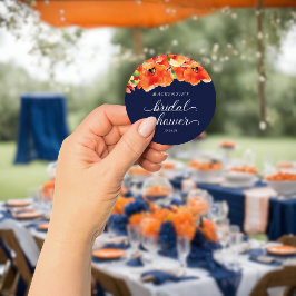 Elegantes Navy Blue Golden Poppy Brautparty Runder Aufkleber