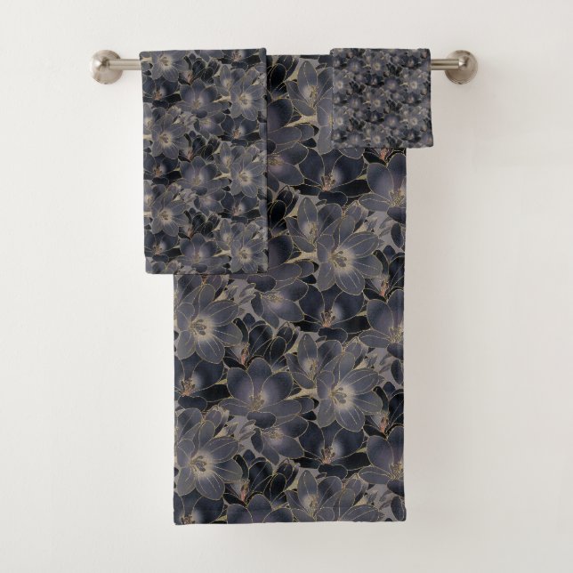 Elegantes Navy Blue & Gray Floral Muster Badhandtuch Set (Insitu)