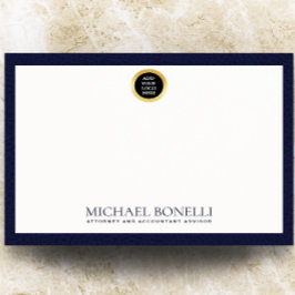 Elegantes Navy Blue Leather Gold Round Logo Monogr Mitteilungskarte