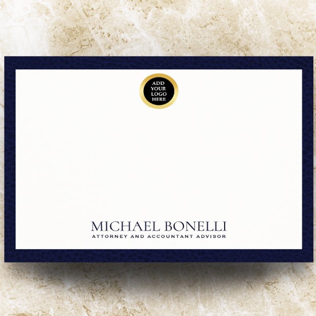 Elegantes Navy Blue Leather Gold Round Logo Monogr Mitteilungskarte (Von Creator hochgeladen)