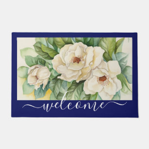 Elegantes Navy Blue Magnolia Floral Begrüßungssc Fußmatte