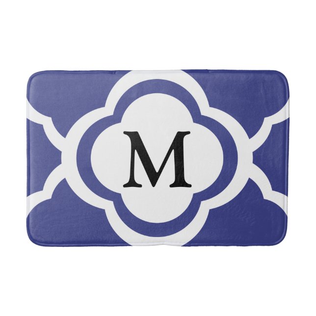 Elegantes Navy Blue Muster Monogramm Badematte (Vorderseite)
