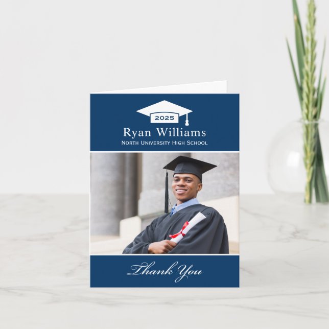 Elegantes Navy Blue Personalisiert Abschluss Foto Dankeskarte (Vorderseite)