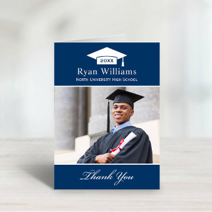 Elegantes Navy Blue Personalisiert Abschluss Foto Dankeskarte