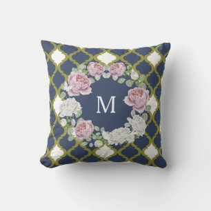 Elegantes Navy Blue Quatrefoil Rose Wreath Monogra Kissen