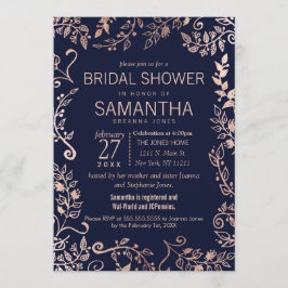 Elegantes Navy Blue Rose Gold Floral Brautparty Einladung