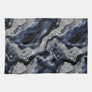 Elegantes Navy Blue & Silver Glitzer Agate Pattern Geschirrtuch