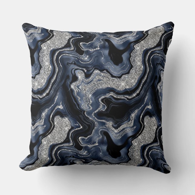Elegantes Navy Blue & Silver Glitzer Agate Pattern Kissen (Vorderseite)