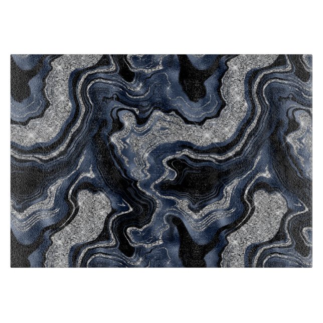 Elegantes Navy Blue & Silver Glitzer Agate Pattern Schneidebrett (Vorderseite)