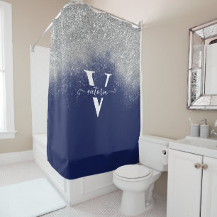 Elegantes Navy Blue Silver Glitzer Sparkle Monogra Duschvorhang