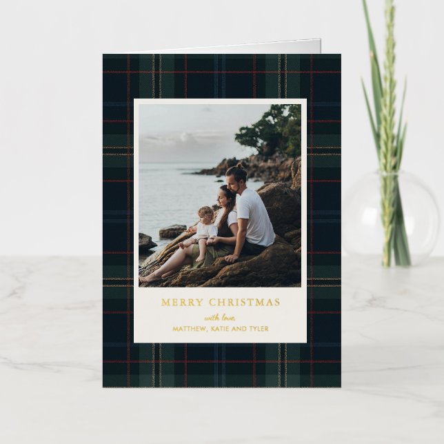 Elegantes Navy Blue und Green Kariertes Foto Weihn (Vorderseite)