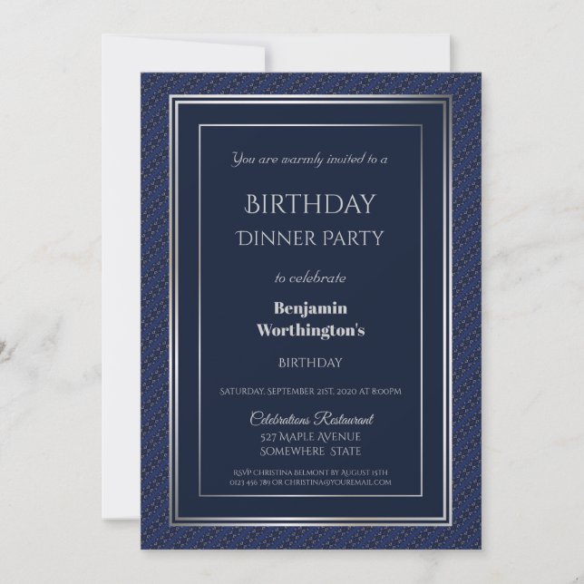 Elegantes Navy Blue und Silver Birthday Dinner Einladung (Vorderseite)