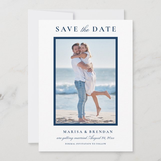 Elegantes Navy Blue Wedding Foto Save The Date (Vorderseite)