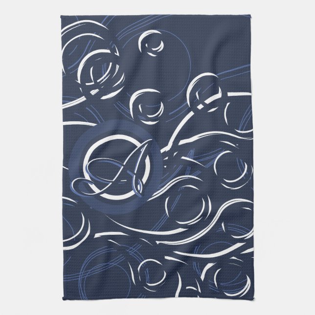 Elegantes Navy Blue & White Modern Monogram Muster Geschirrtuch (Vertikal)