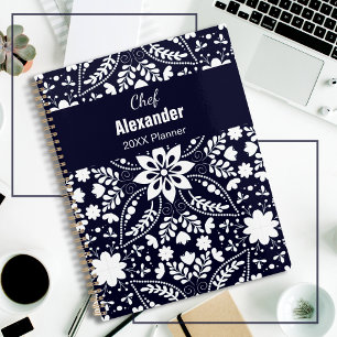Elegantes Navy Blue White Nordic Folk Floral Muste Planer