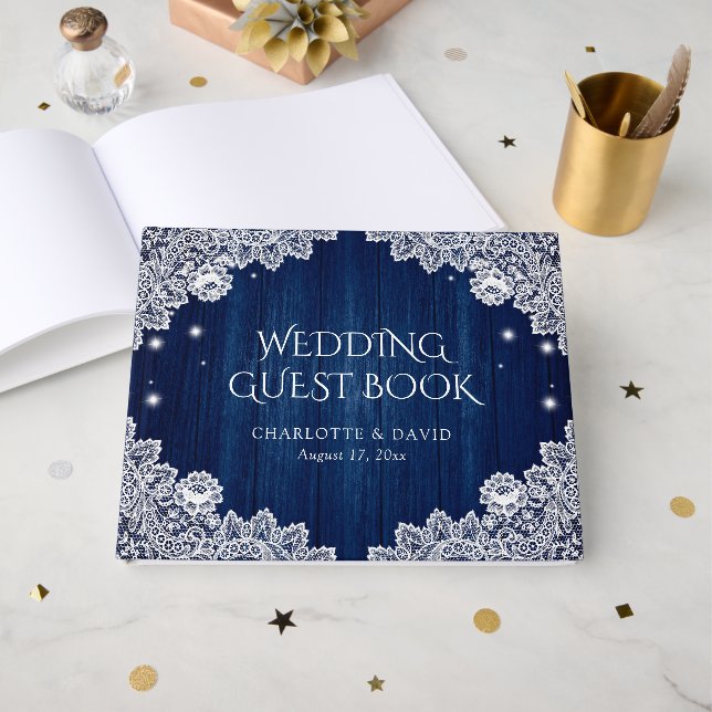 Elegantes Navy Blue Wood und Lace Wedding Gästebuc Gästebuch (Vorderseite Offen)